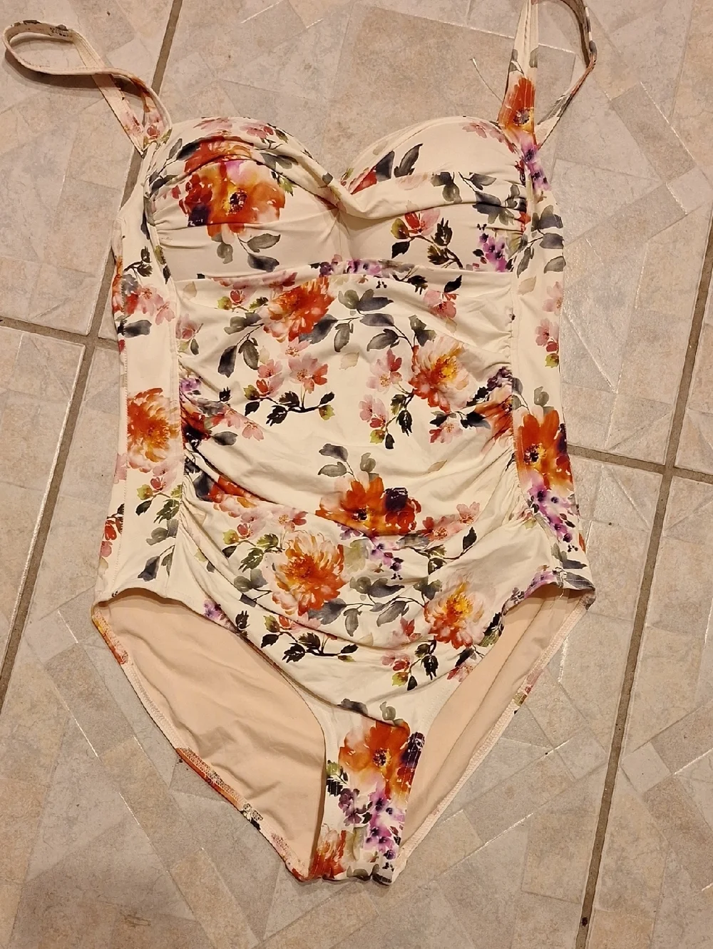 t Floral One-Piece Swimsuit in Cream with Orange & Pink Blooms